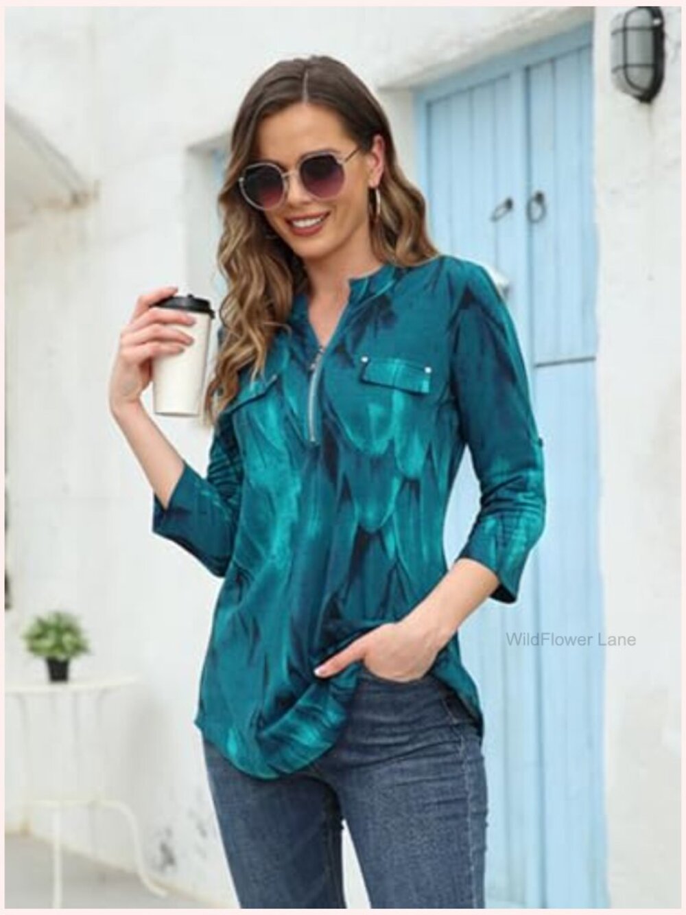 Floral 3/4 Sleeve Zip Up V Neck Work Chiffon Blouse Top Tunics - Picture 2 of 7